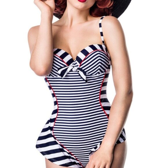NWT -  Belsira Sexy Vintage Swimsuit Retro Look Stripes Pattern Blue White Red R - Picture 1 of 14